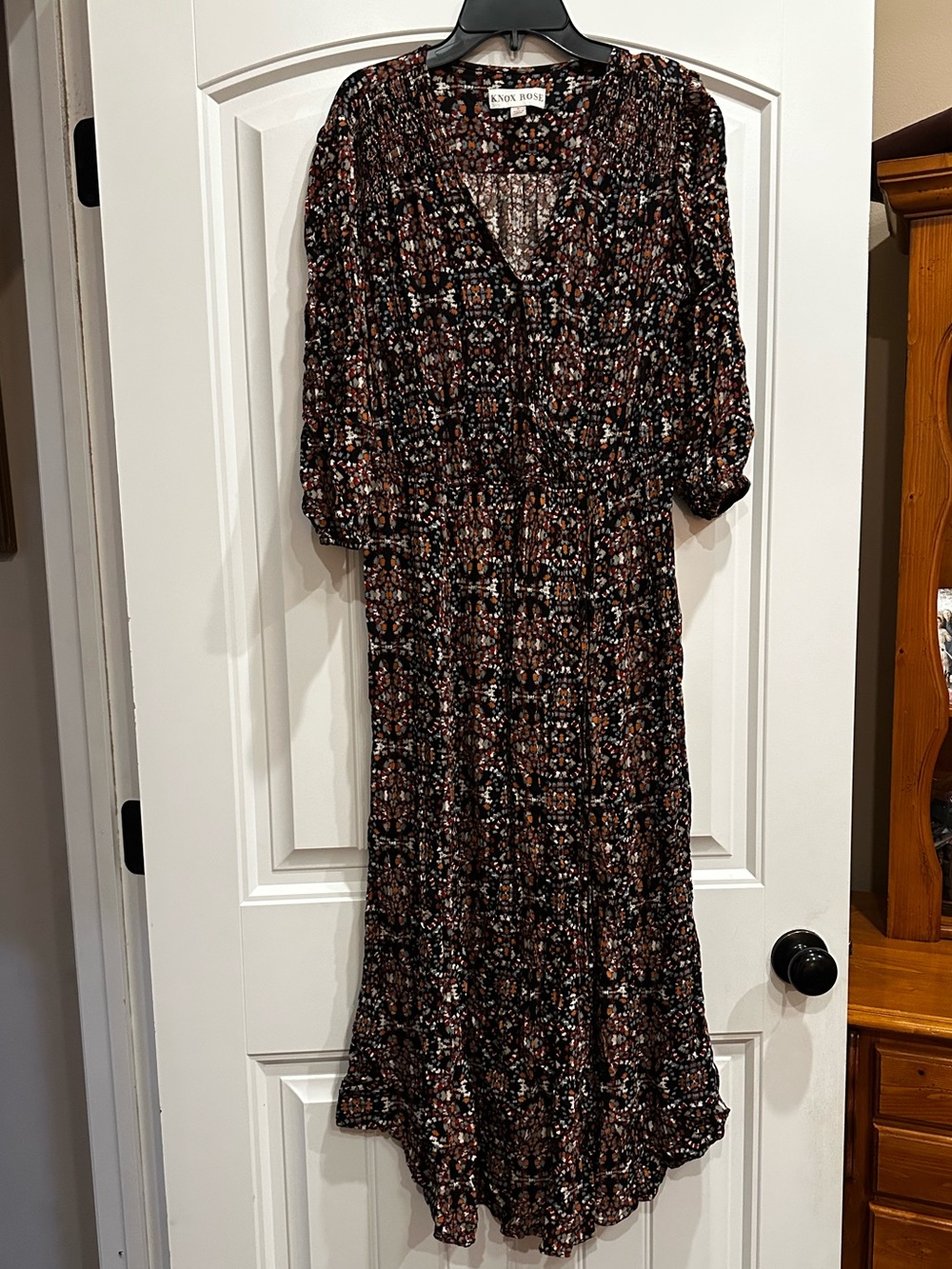 Knox Rose Black Floral Midi Dress with Rust and Cream Accents